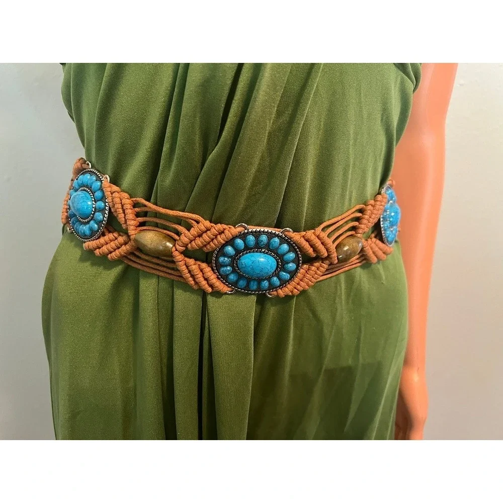 Macrame Braided Belt Terracotta Turquoise Southwestern Boho Up to 40